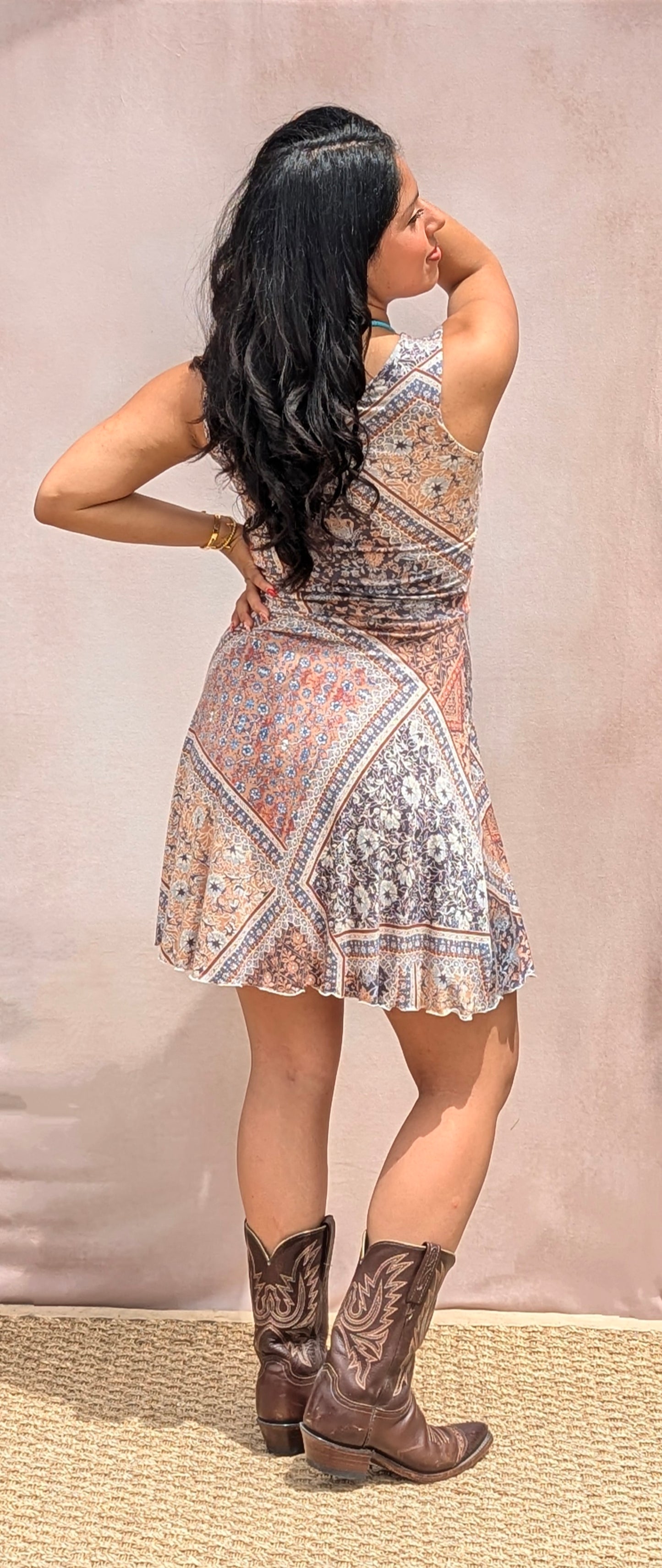 Bucko | Short Crystal Dress | Tan Blue Patchwork