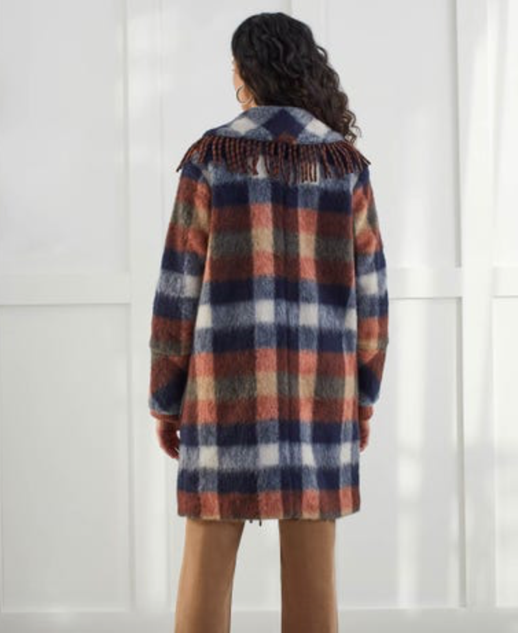 Tribal- Fringe Trim Plaid Coat- Saphire