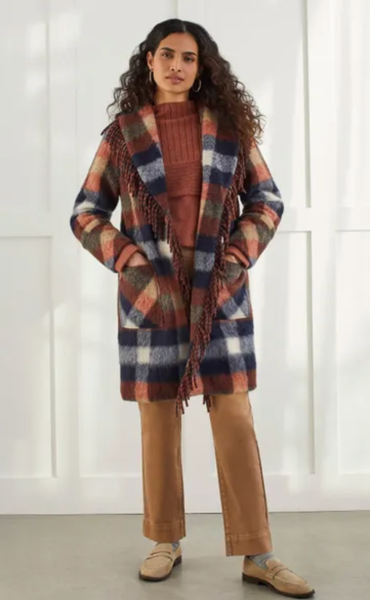 Tribal- Fringe Trim Plaid Coat- Saphire