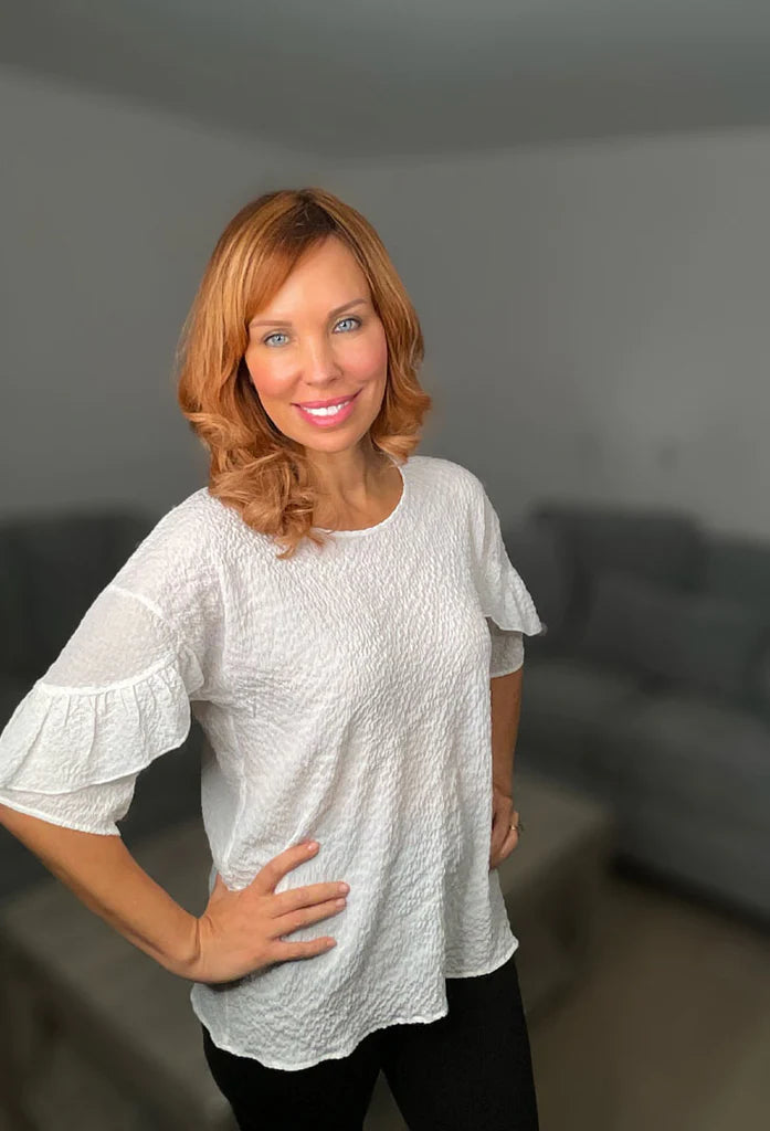 Ethyl |Texture top w/ Ruffle Sleeves White
