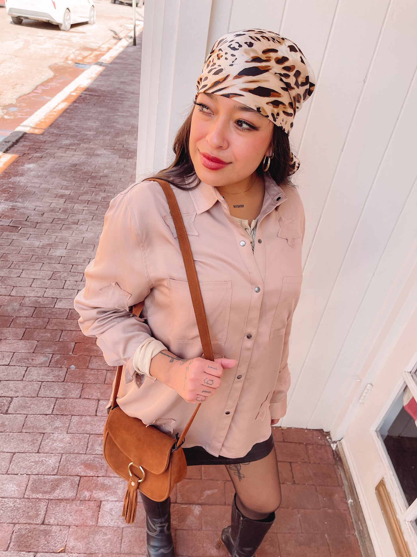 Before You Tencel Star Patch Button Up Top - Dusty Rose