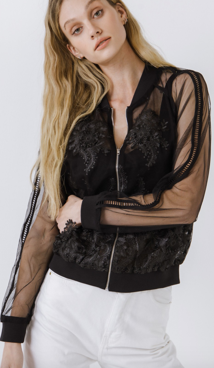 August Apparel- Flower Embroidery Mesh Bomber Jacket Black