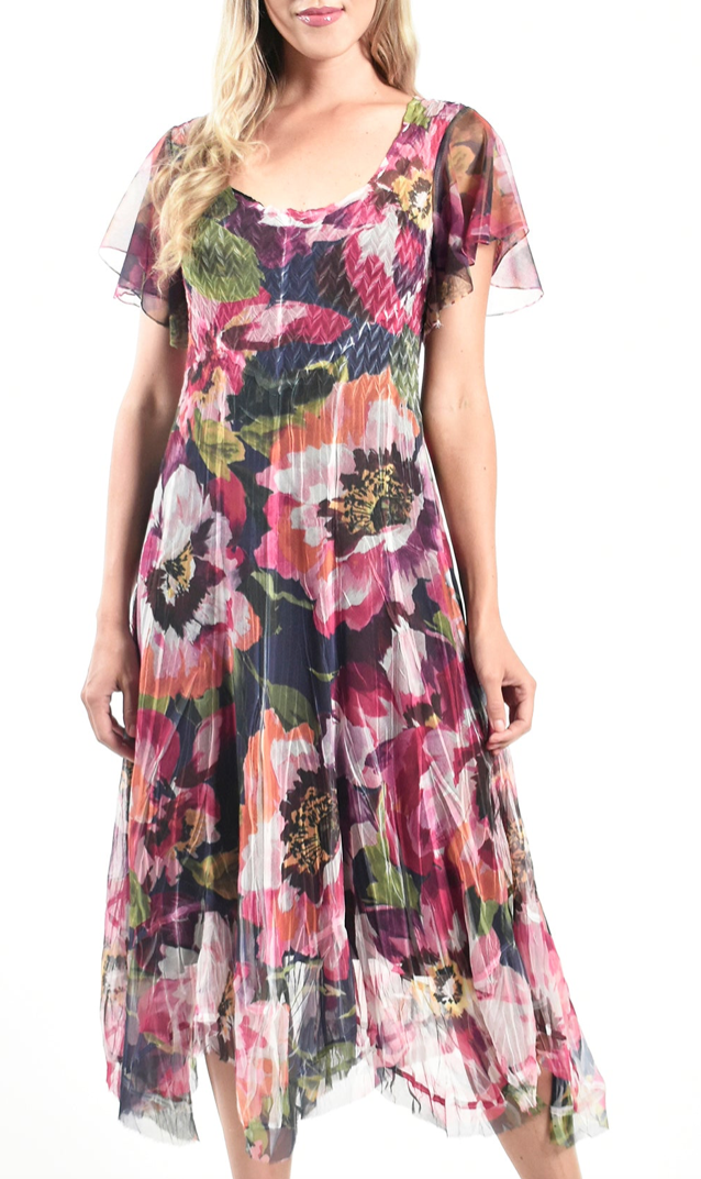Komarov- Chiffon Flutter Dress- Fuchsia Burst