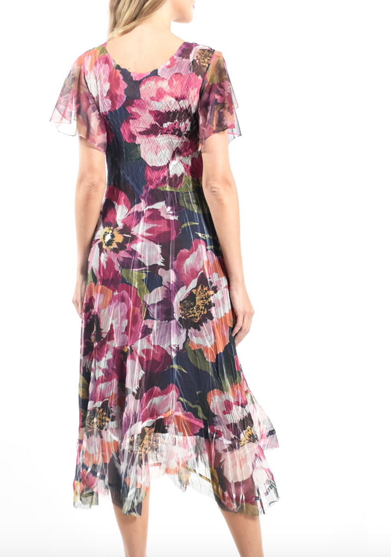 Komarov- Chiffon Flutter Dress- Fuchsia Burst