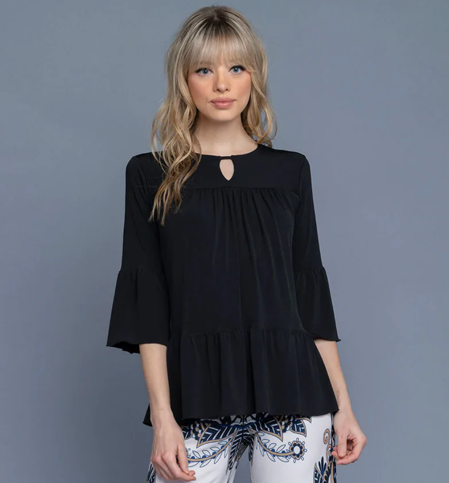 Eva Varro - 3/4 SLV Yoke Tier Top - Black