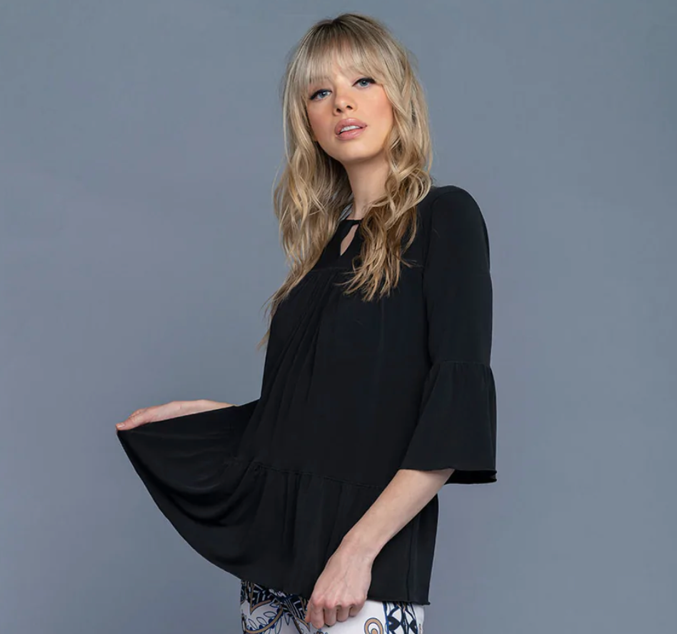 Eva Varro - 3/4 SLV Yoke Tier Top - Black