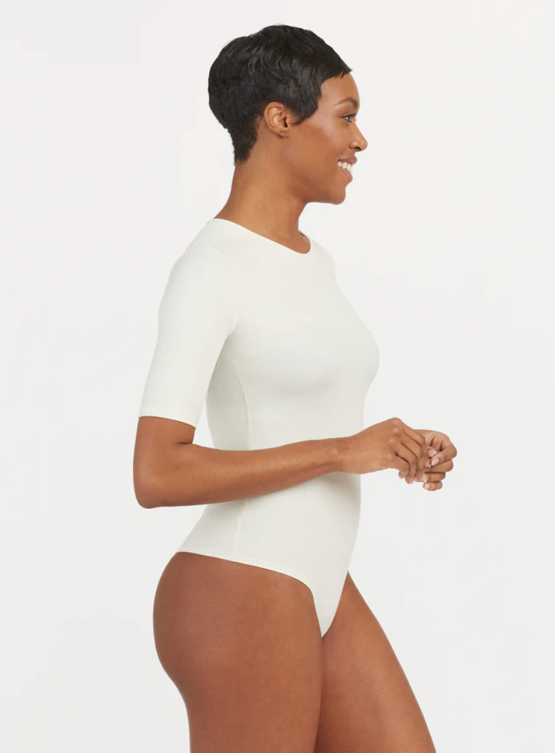 Spanx- Ribbed Crewneck Short Sleeve Bodysuit- Parchment