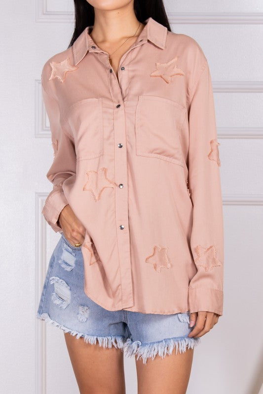 Before You Tencel Star Patch Button Up Top - Dusty Rose