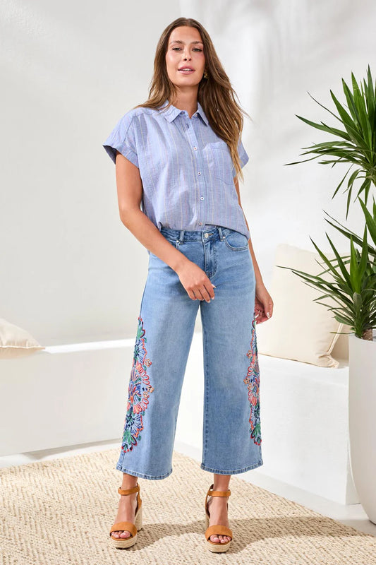 Tribal | Embroidered Audrey Girlfriend Wide Leg Crop Jeans