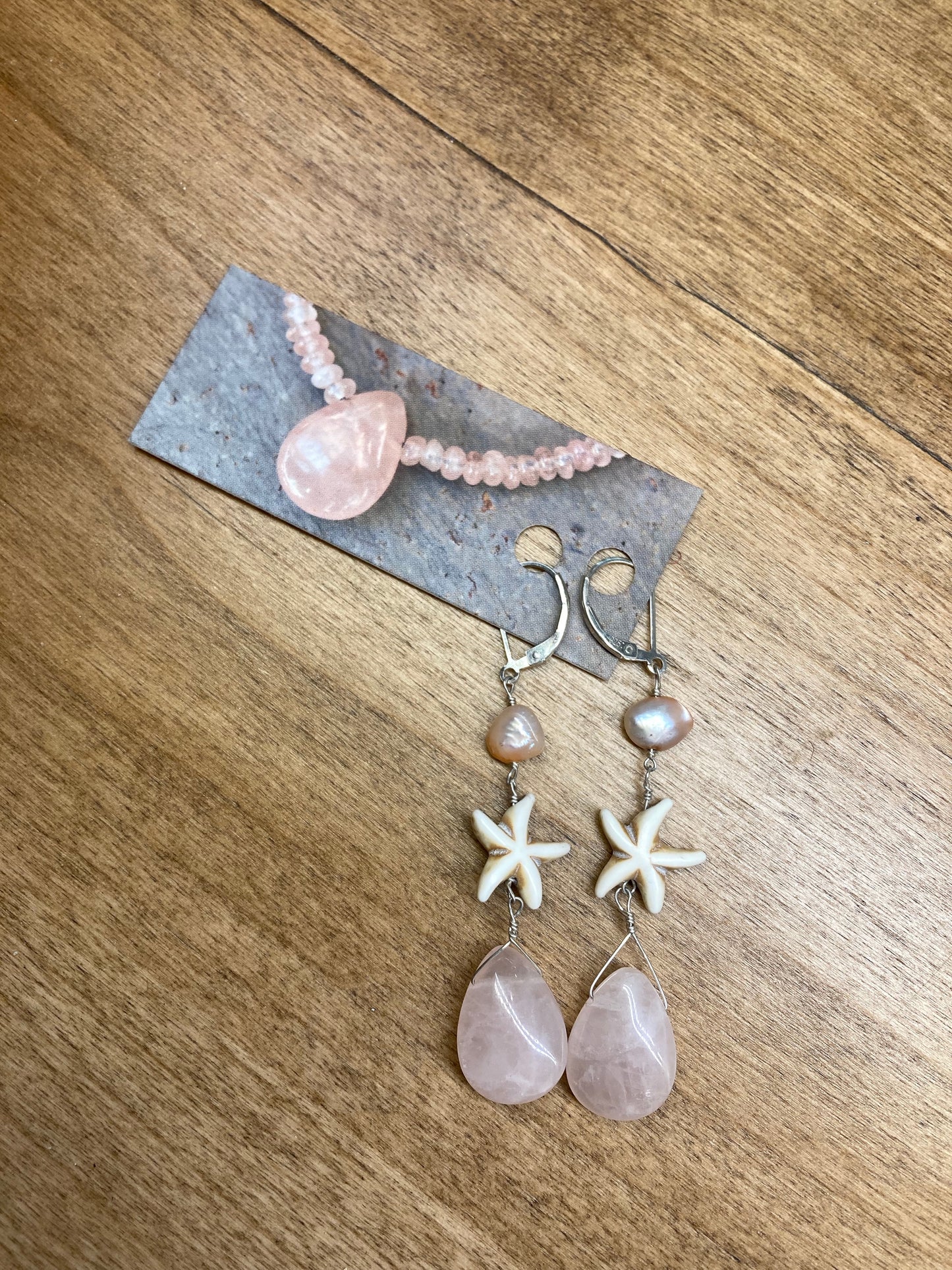 Seeds and Stones - Rose Quartz Pearl Star Fish Dangle Earrings