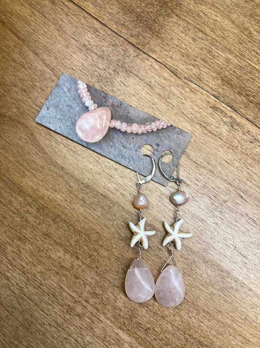 Seeds and Stones - Rose Quartz Pearl Star Fish Dangle Earrings