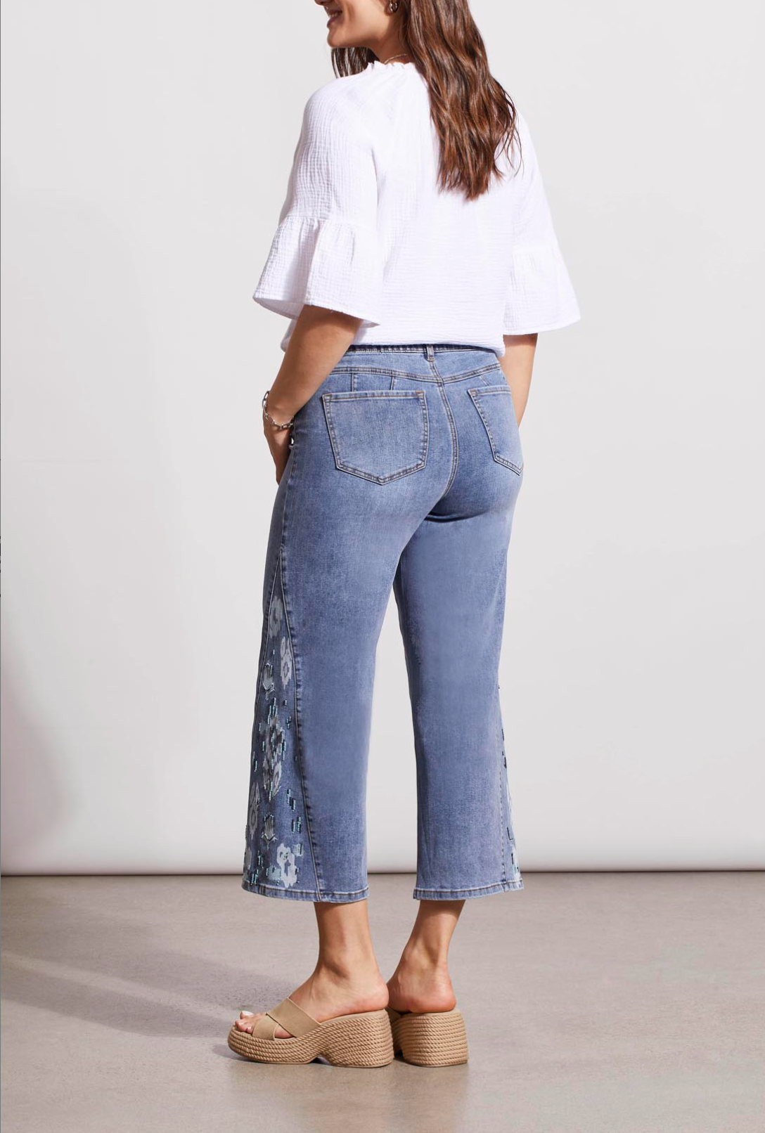 Tribal-Wide Leg Crop Embroidered Jeans