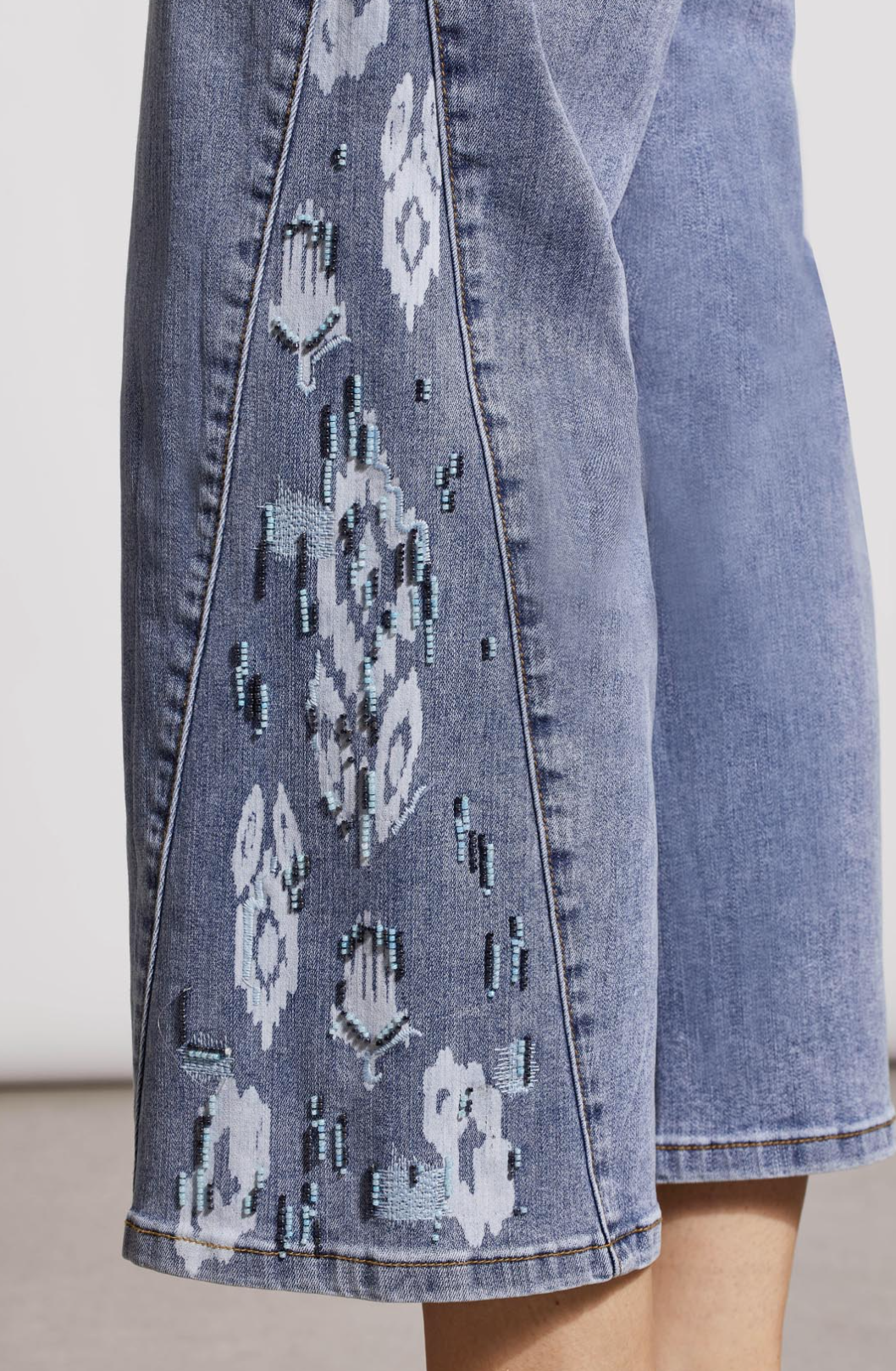 Tribal-Wide Leg Crop Embroidered Jeans