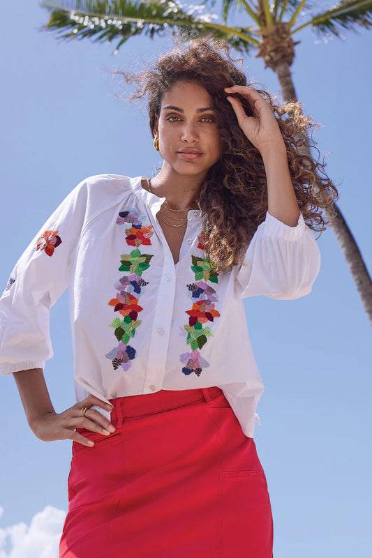 Tribal | Embroidered Poplin 3/4 Sleeve Notch Neck Blouse