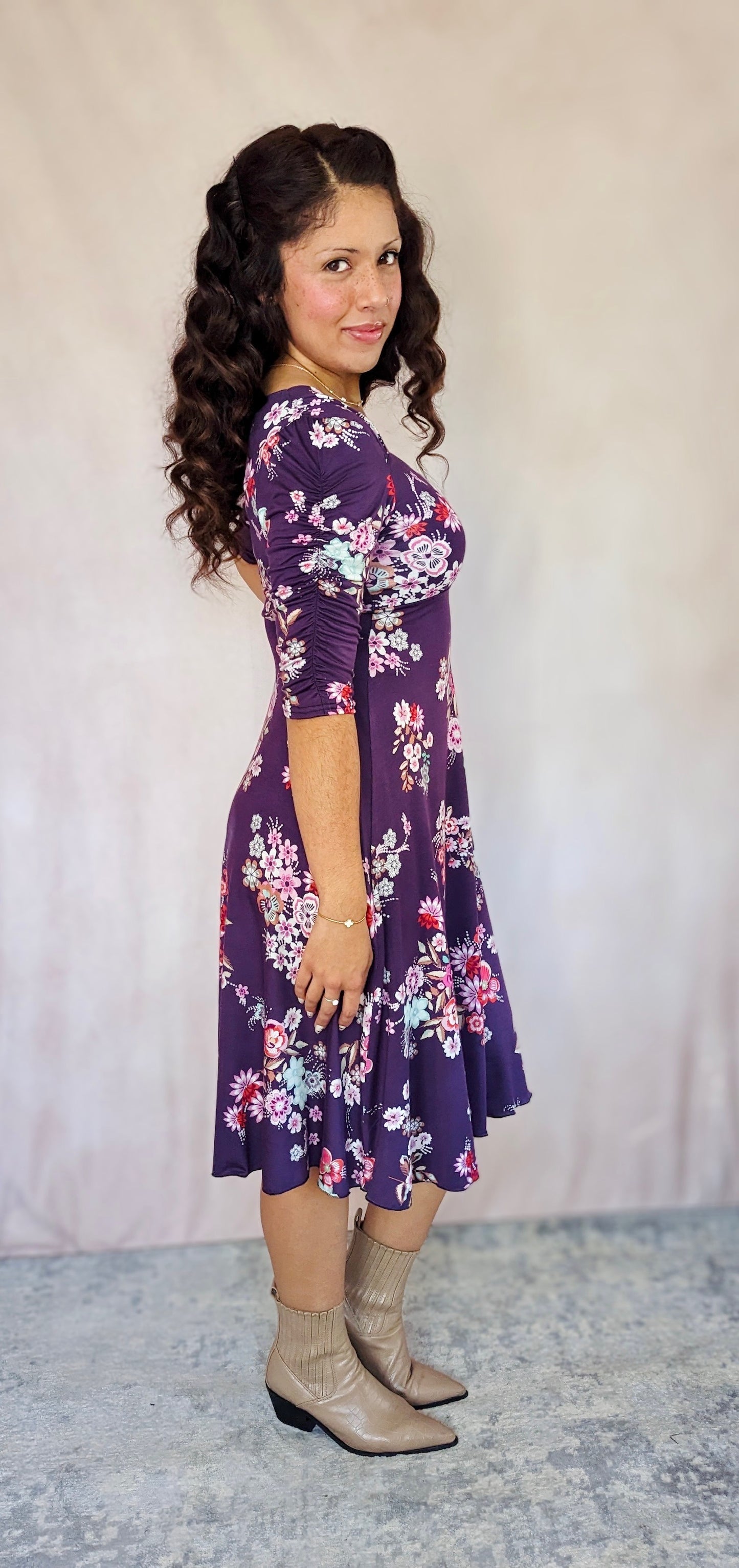 Bucko- Ellen Dress W/ Ruched Sleeves - Purple Floral