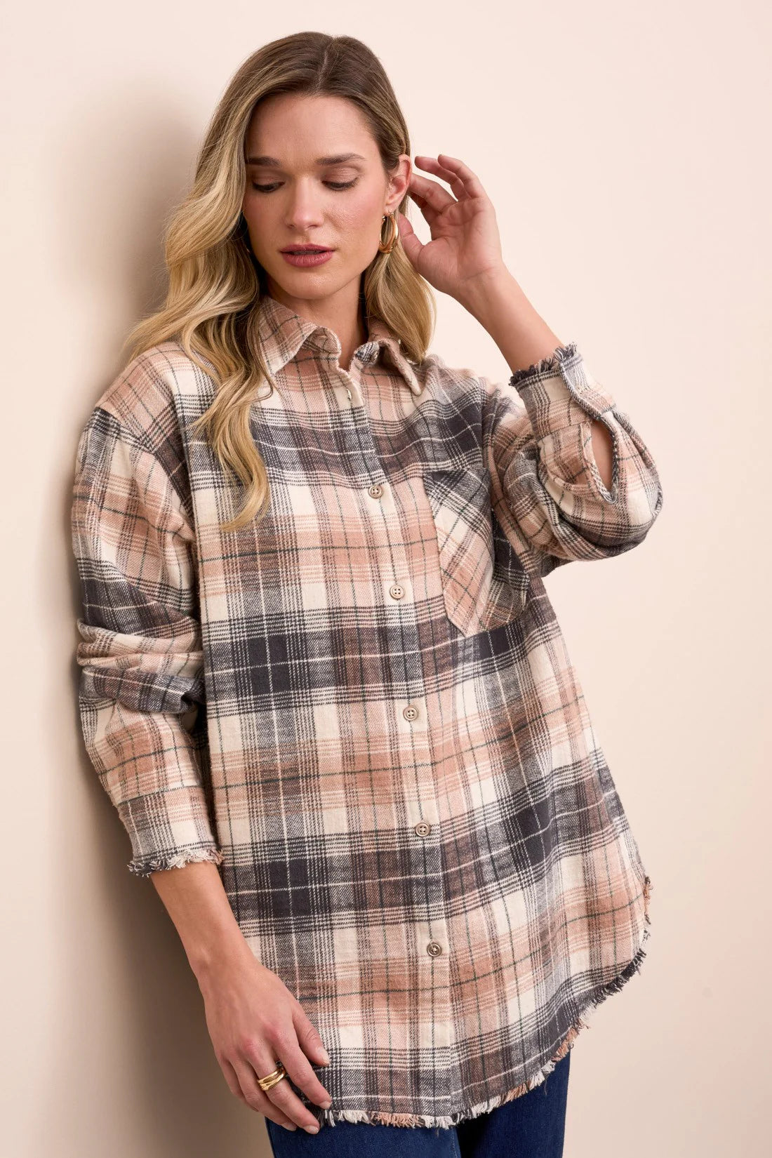 Tribal | Plaid Flannel Fringed-Hem Shirt