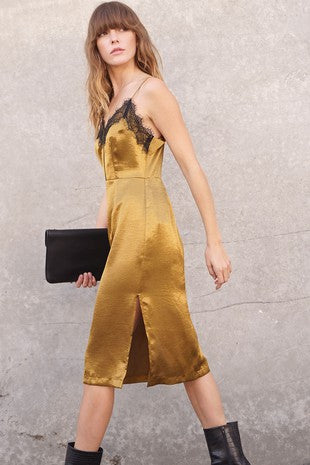 Lumiere Satin Lace Midi Dress-Gold/Black