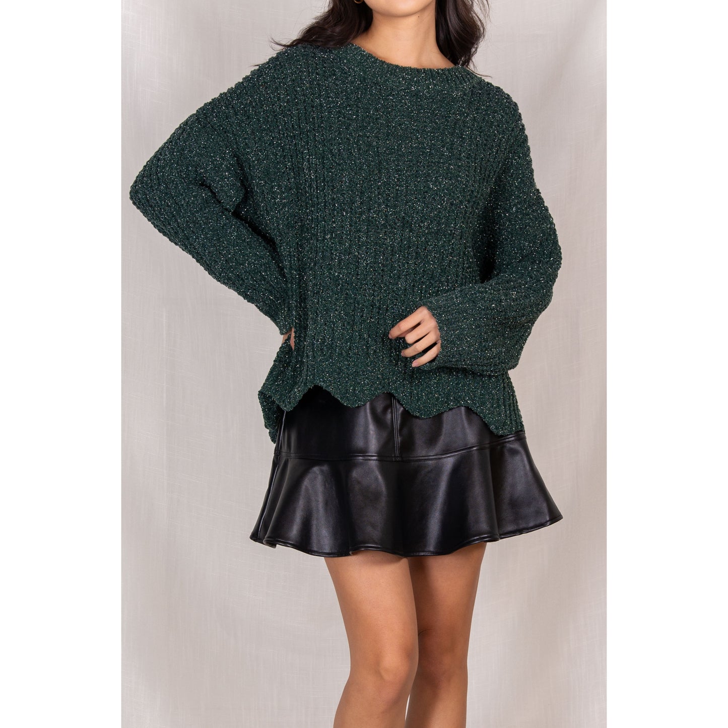 Before You - Shimmer Knit Scalloped Hem Sweater - Emerald