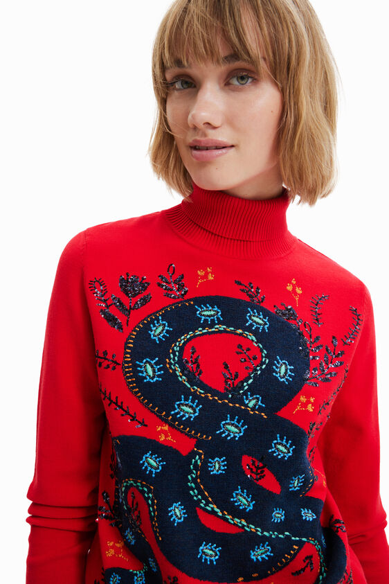 Desigual- Red Sweater with Snake Embroidery