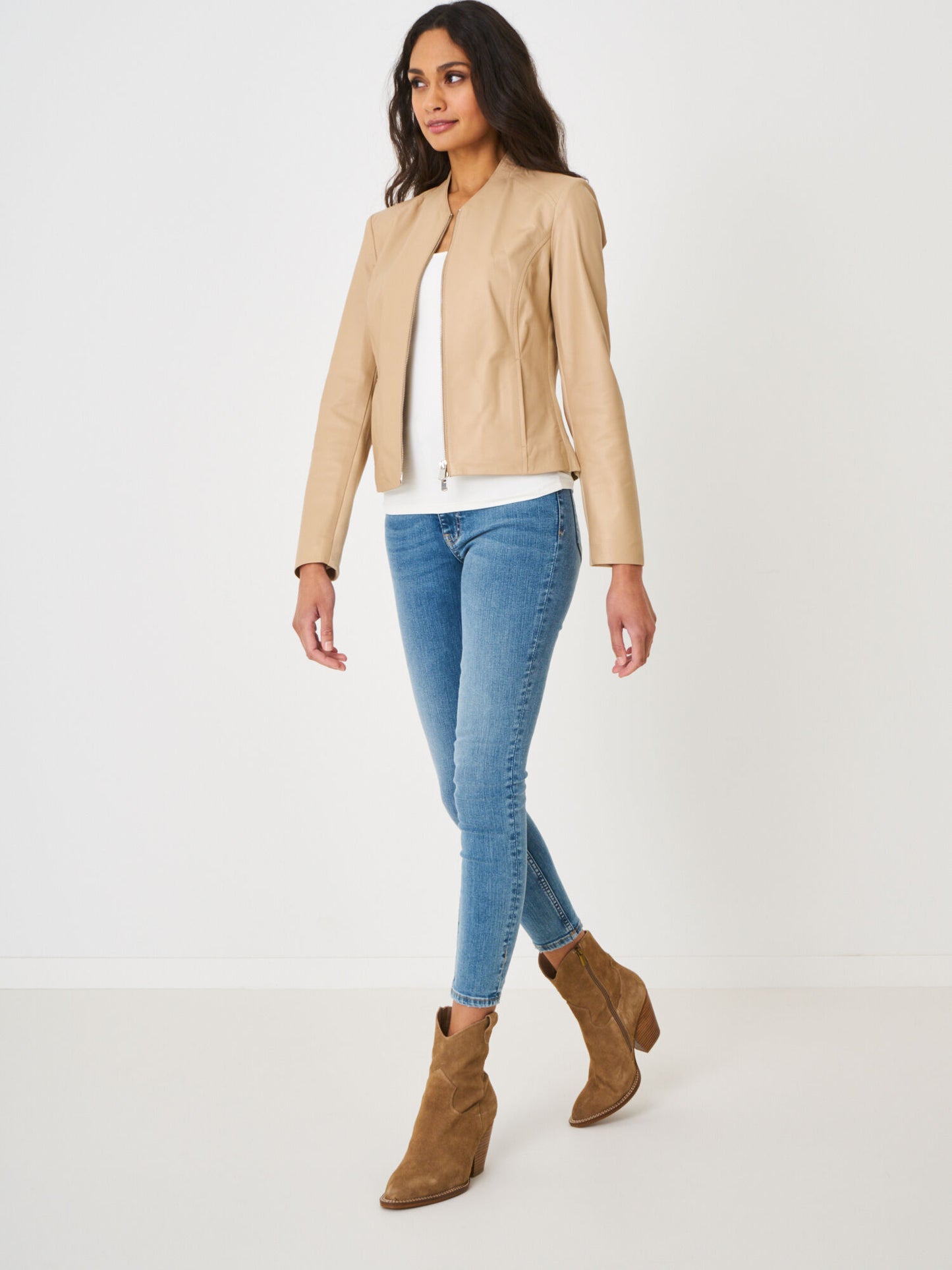 Repeat Cashmere- Cropped Leather Jacket- Nougat