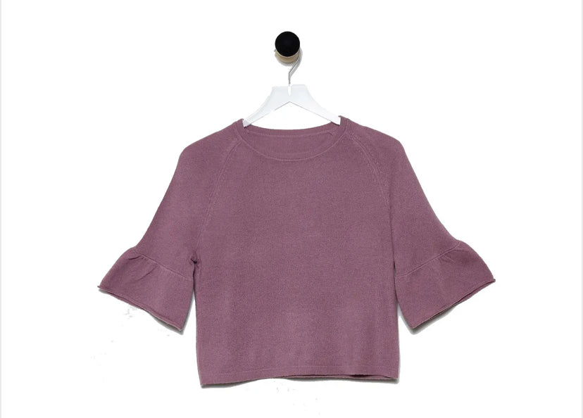 Revive-Cashmere Ruffle Sleeve Crop Sweater-Mauve