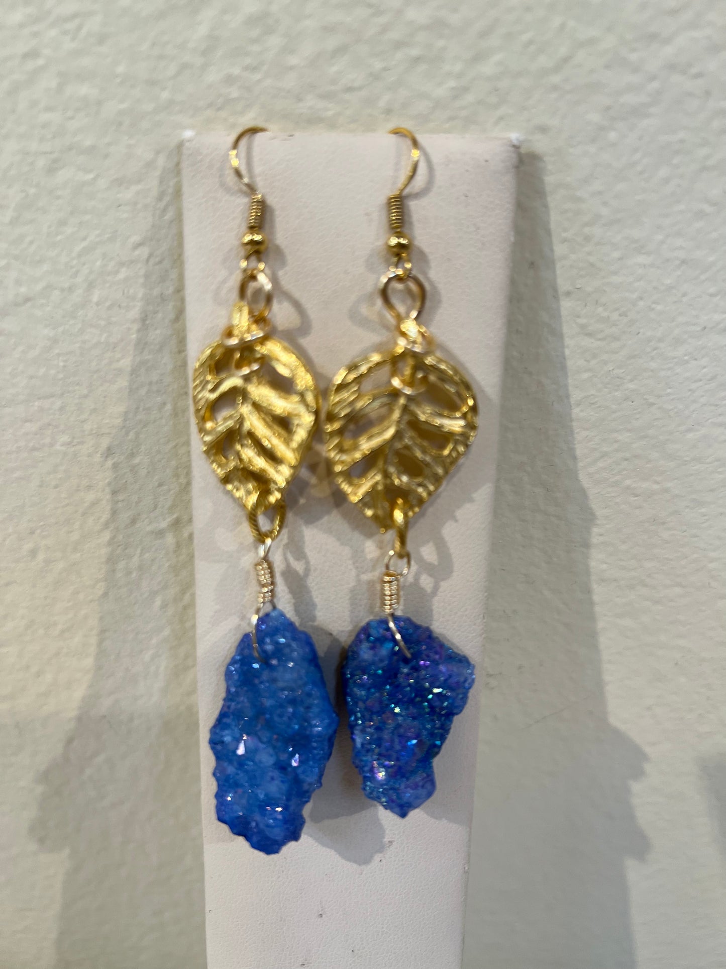 Carmen's Creations- Earrings- Blue Quartz Geode/ Leaf