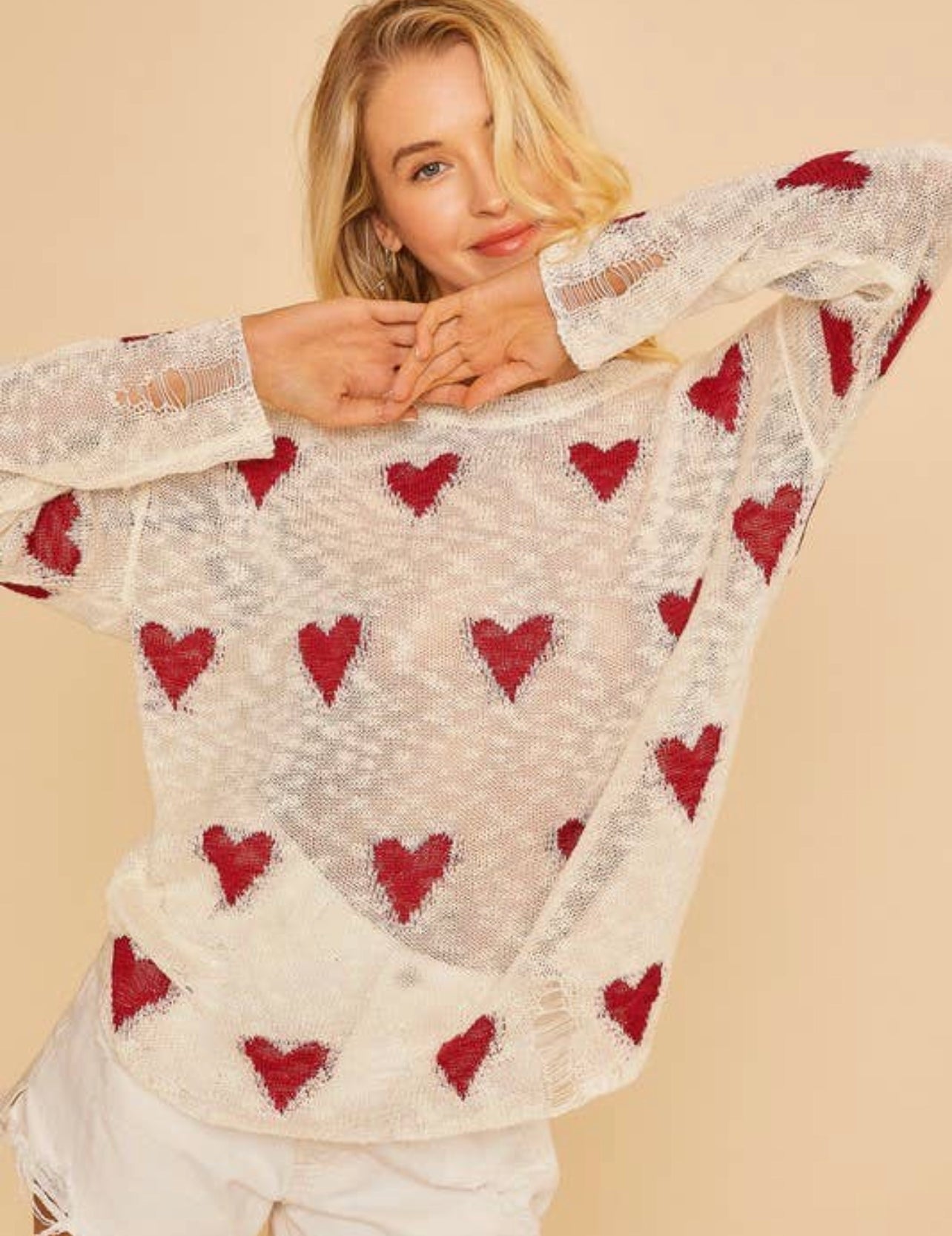 Distressed Heart Sweater Knit Top