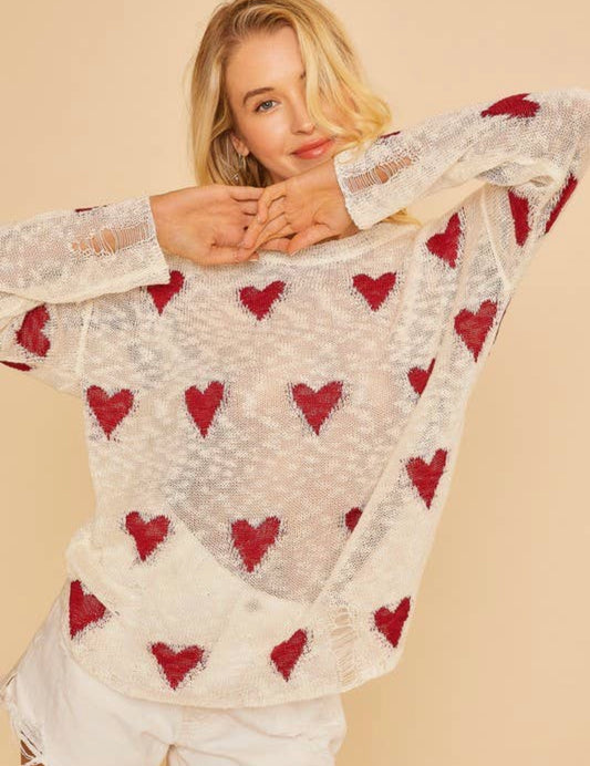 Distressed Heart Sweater Knit Top