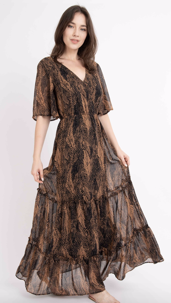 Rokoko- Camel/Black Feather Maxi Dress