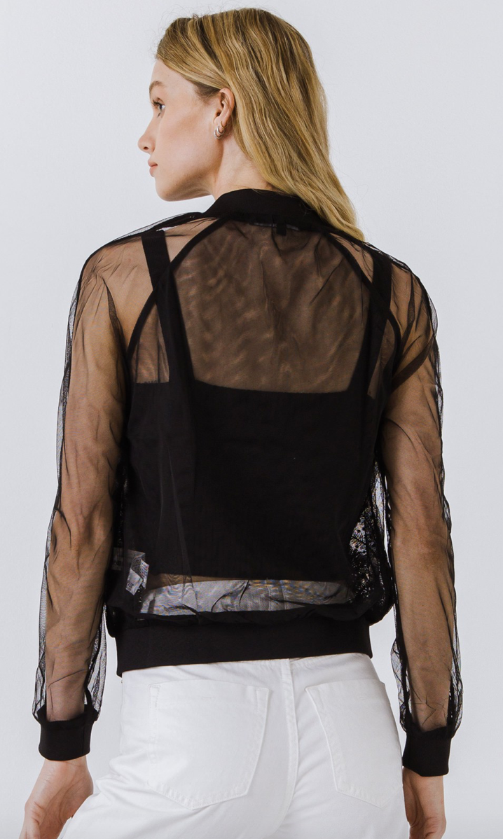 August Apparel- Flower Embroidery Mesh Bomber Jacket Black