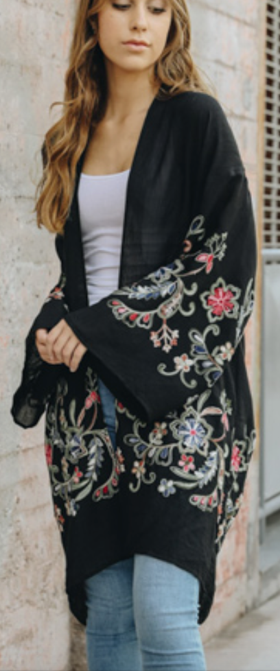 Leto- Long Floral Kimono Cardigan- Black