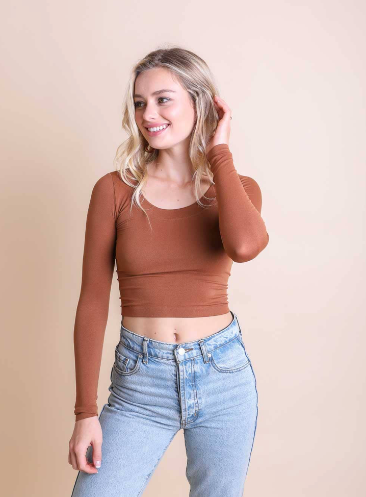 Leto-Long Sleeve Fitted Crop Top-Copper