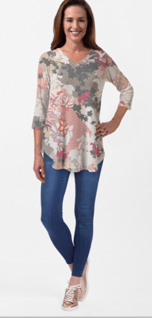 Whimsy Rose- Oriental Floral Grey Tunic
