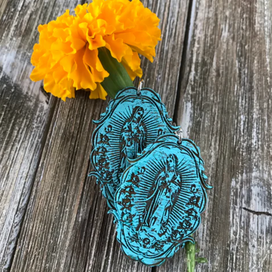 Cultura Corazon | Our Lady of Guadalupe Earrings- Teal Wood