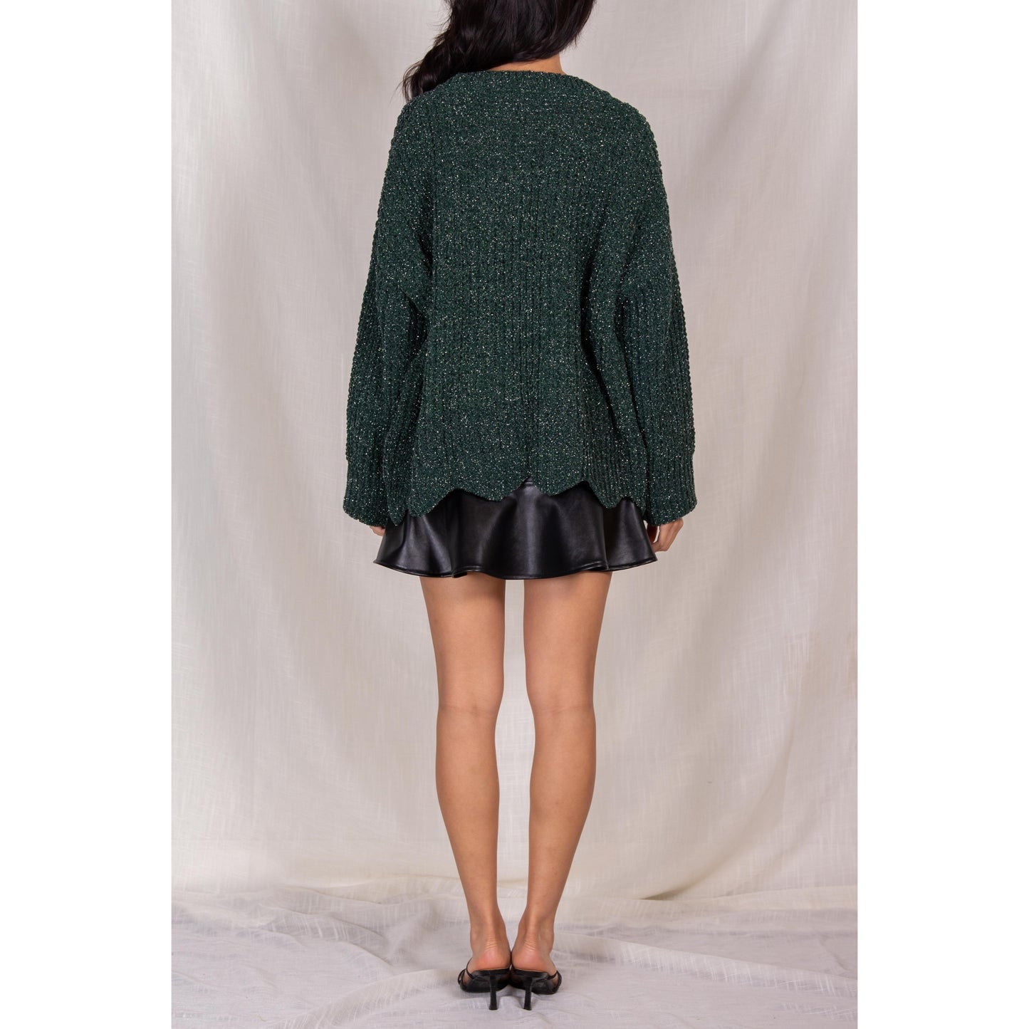 Before You - Shimmer Knit Scalloped Hem Sweater - Emerald