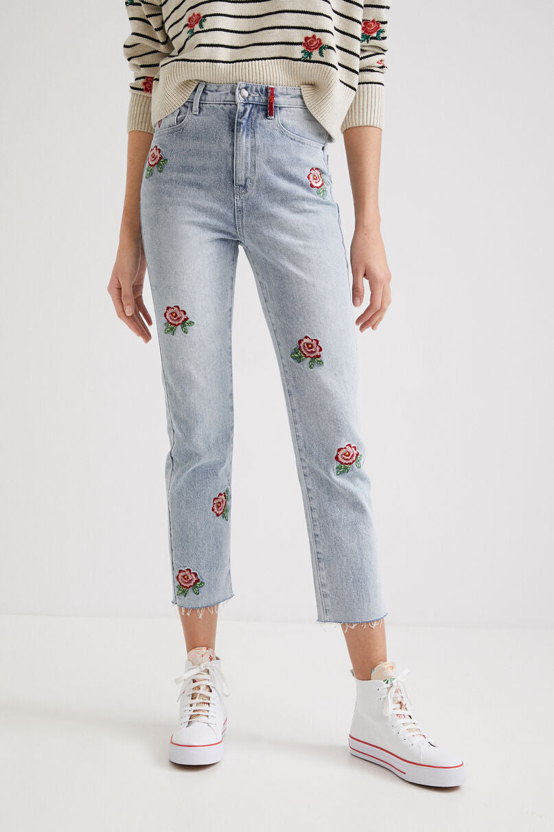 DESIGUAL Straight cropped floral jeans- Denim