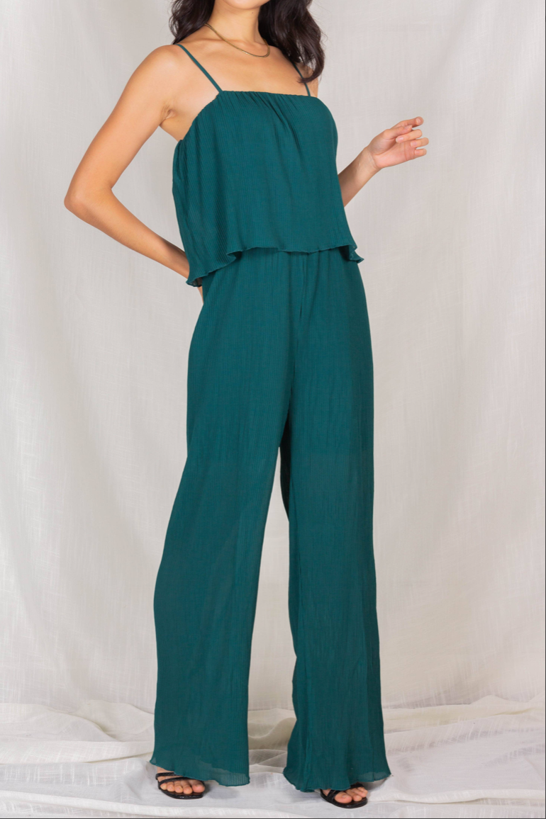 Before You Pleated Cami Strap Jumpsuit - Emerald